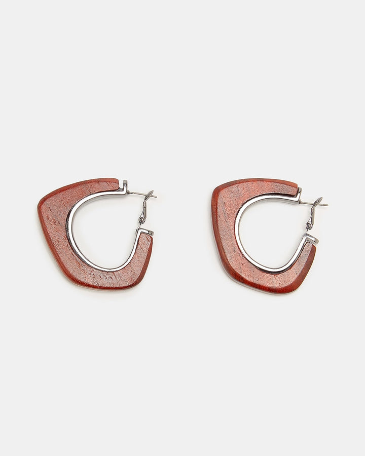 Women Earrings | Dark Grey/Red Hoop Earrings With Irregular Wood Piece by Spanish designer Adolfo Dominguez