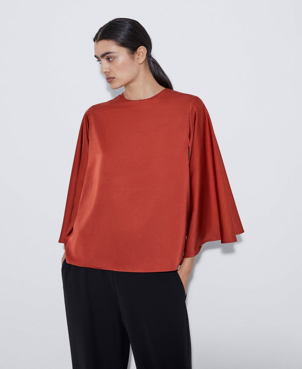 Women Long-Sleeve Shirt | Dark Red Crew Neck Cocktail Shirt by Spanish designer Adolfo Dominguez