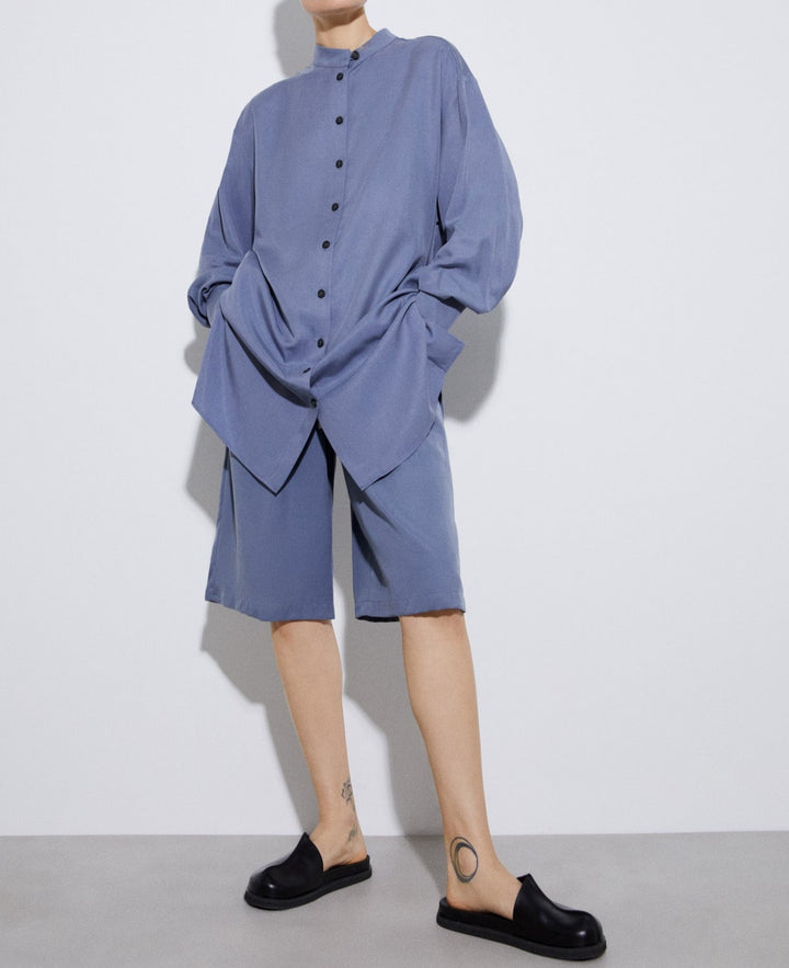 Women Long-Sleeve Shirt | Grey/Blue Mandarin Collar Lyocell Long Blouse by Spanish designer Adolfo Dominguez