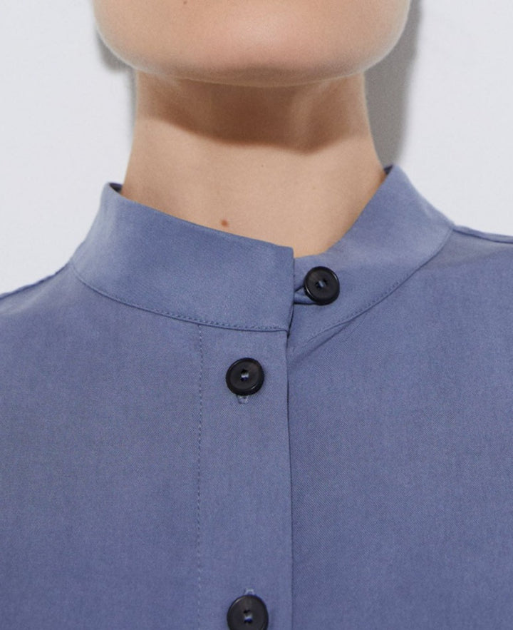 Women Long-Sleeve Shirt | Grey/Blue Mandarin Collar Lyocell Long Blouse by Spanish designer Adolfo Dominguez