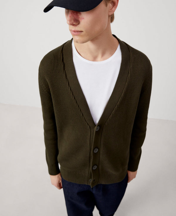 Men Knit Jacket | Khaki Cotton Cardigan by Spanish designer Adolfo Dominguez