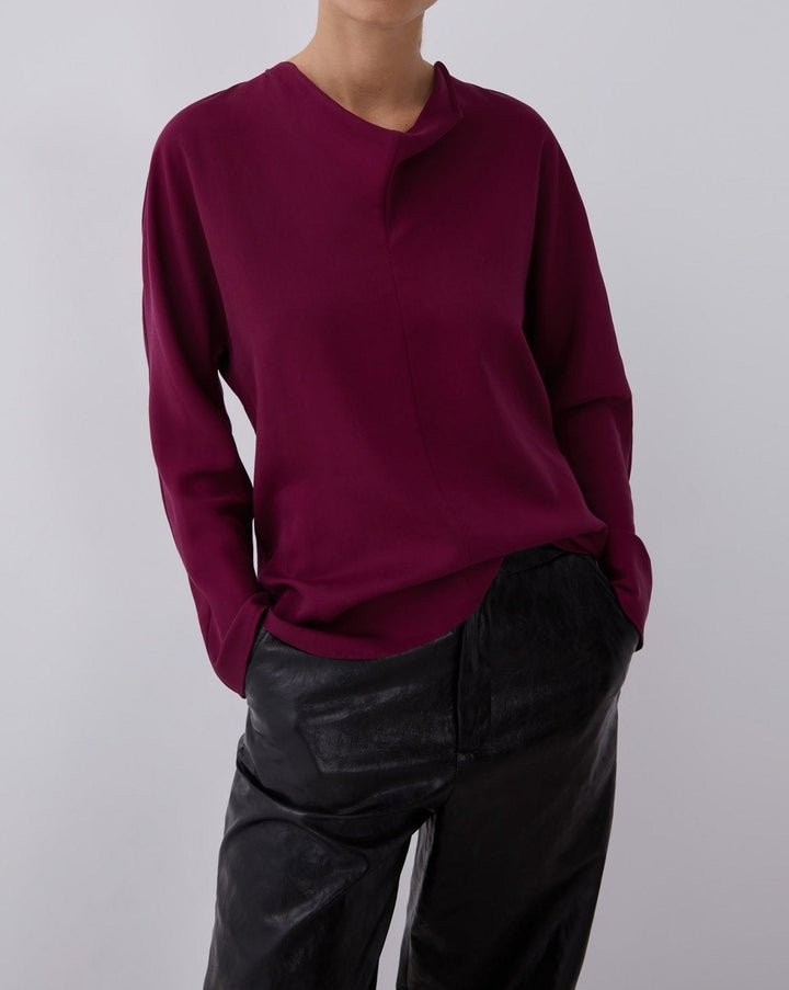 Women Shirt | Maroon Lyocell Blouse With Cascade Neckline by Spanish designer Adolfo Dominguez