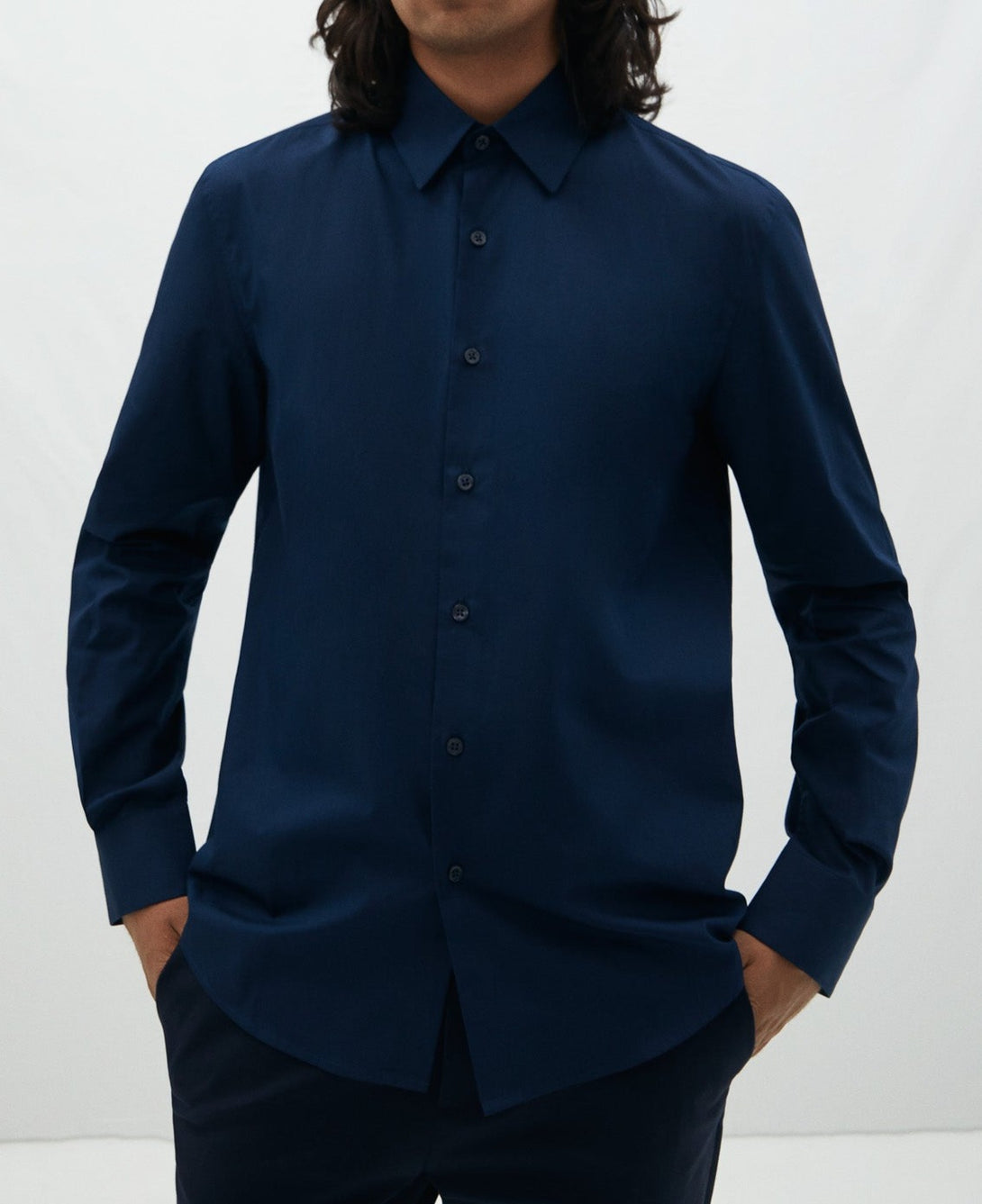 Men Shirt | Navy Blue Cutaway Collar Cotton Shirt by Spanish designer Adolfo Dominguez