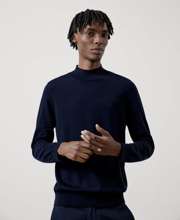 Men Jersey | Navy Blue Merino Wool Perkins Collar Sweater by Spanish designer Adolfo Dominguez