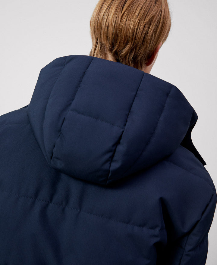 Men Short Jacket | Navy Blue Padded Hood Jacket by Spanish designer Adolfo Dominguez