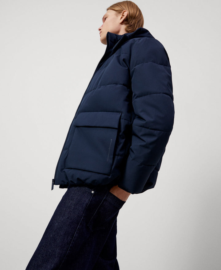 Men Short Jacket | Navy Blue Padded Hood Jacket by Spanish designer Adolfo Dominguez