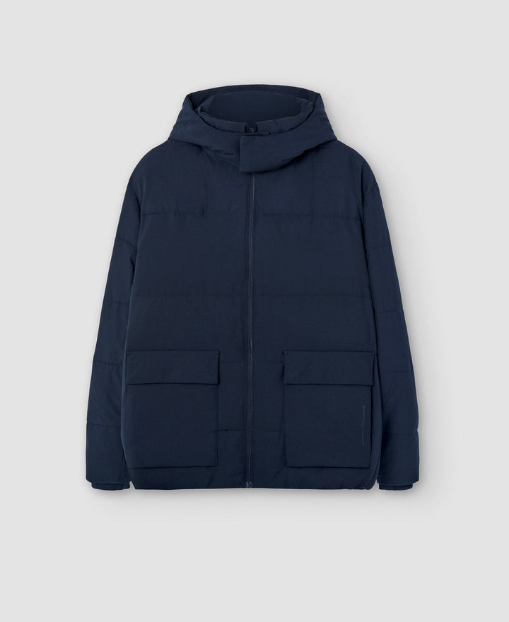 Men Short Jacket | Navy Blue Padded Hood Jacket by Spanish designer Adolfo Dominguez