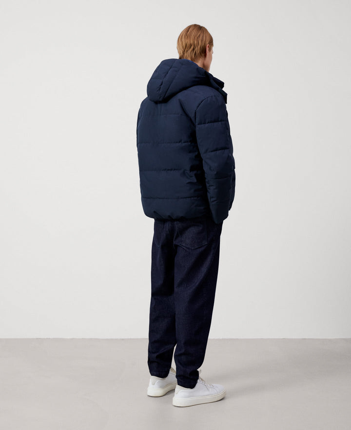 Men Short Jacket | Navy Blue Padded Hood Jacket by Spanish designer Adolfo Dominguez