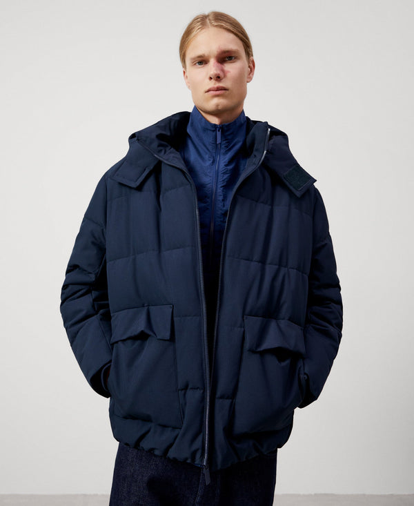 Men Short Jacket | Navy Blue Padded Hood Jacket by Spanish designer Adolfo Dominguez