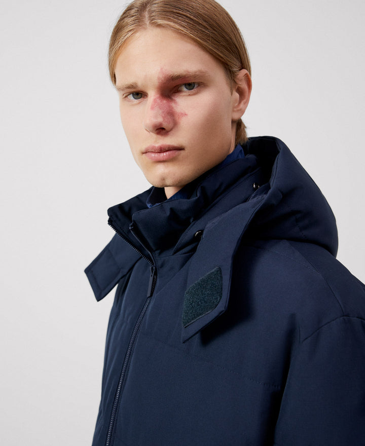 Men Short Jacket | Navy Blue Padded Hood Jacket by Spanish designer Adolfo Dominguez