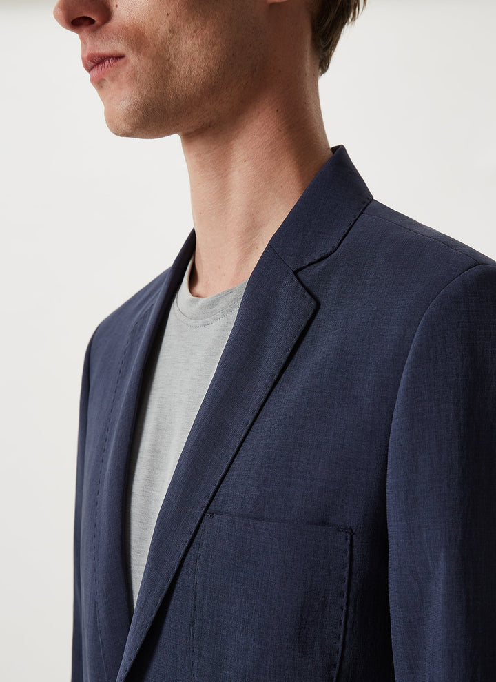 Men Unstructured Jacket | Navy Blue Polyester Blazer With Visible Stitching by Spanish designer Adolfo Dominguez