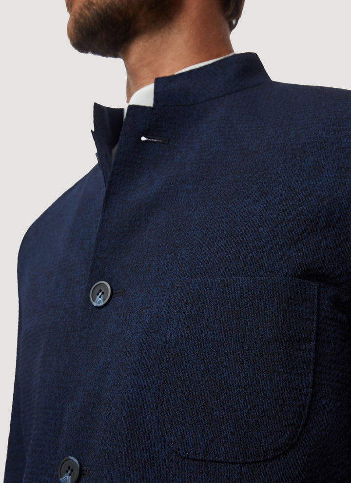 Men Unstructured Jacket | Navy Blue Unstructured Mandarin Collar Jacket by Spanish designer Adolfo Dominguez