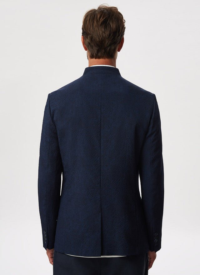 Men Unstructured Jacket | Navy Blue Unstructured Mandarin Collar Jacket by Spanish designer Adolfo Dominguez