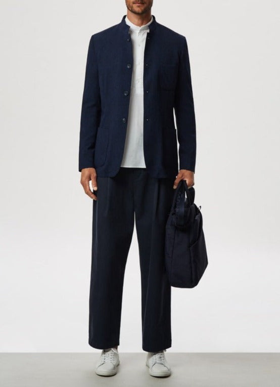 Men Unstructured Jacket | Navy Blue Unstructured Mandarin Collar Jacket by Spanish designer Adolfo Dominguez