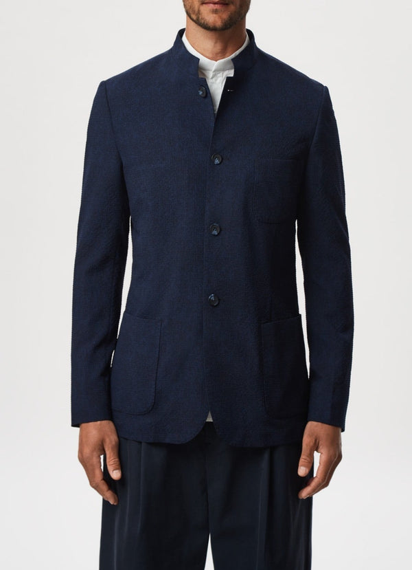 Men Unstructured Jacket | Navy Blue Unstructured Mandarin Collar Jacket by Spanish designer Adolfo Dominguez