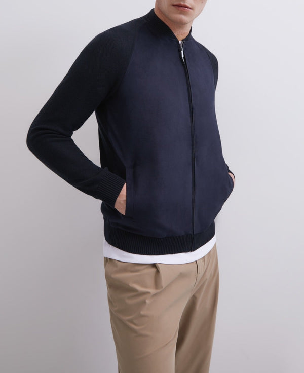 Men Knit Jacket | Navy Blue Varsity Cardigan With Zip Closure by Spanish designer Adolfo Dominguez