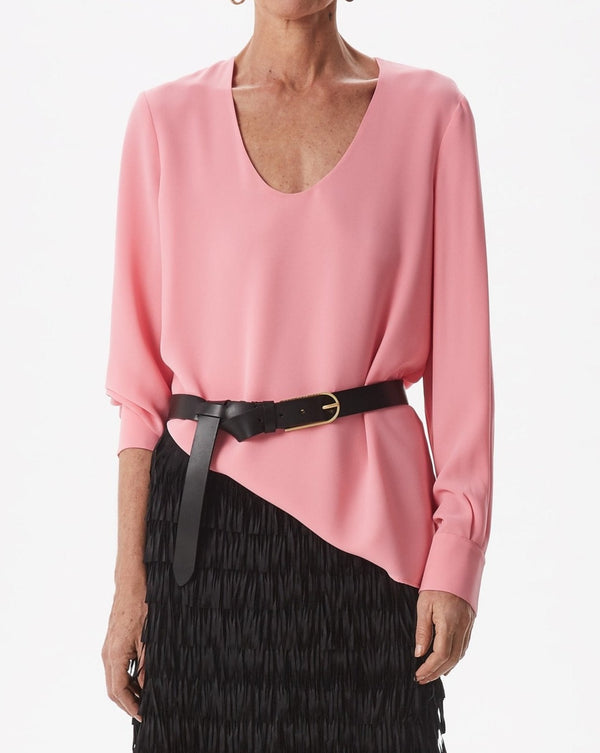 Women Long-Sleeve Shirt | Pink Round Collar Blouse With Buttoned Cuffs by Spanish designer Adolfo Dominguez