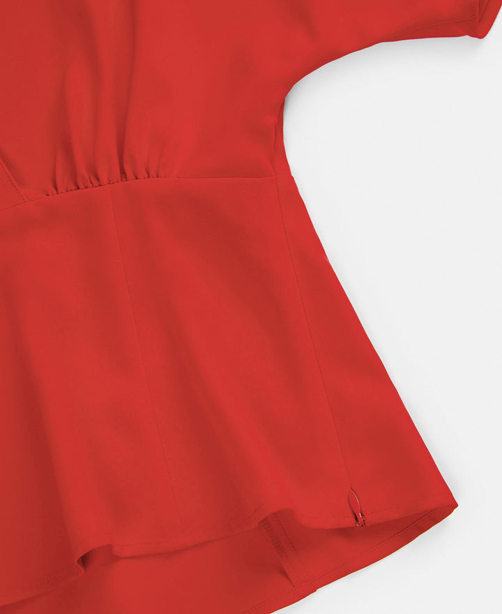 Women Short Sleeved Shirt | Red Drop Sleeve Top With Crossed Neckline by Spanish designer Adolfo Dominguez