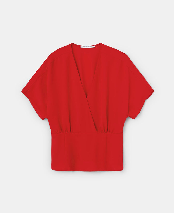 Women Short Sleeved Shirt | Red Drop Sleeve Top With Crossed Neckline by Spanish designer Adolfo Dominguez