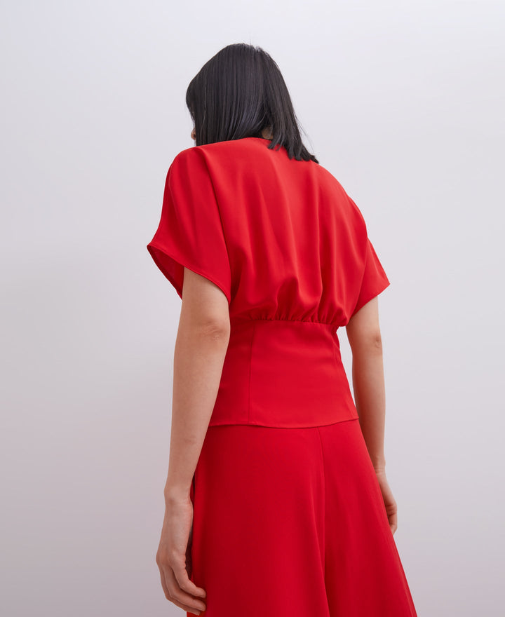 Women Short Sleeved Shirt | Red Drop Sleeve Top With Crossed Neckline by Spanish designer Adolfo Dominguez