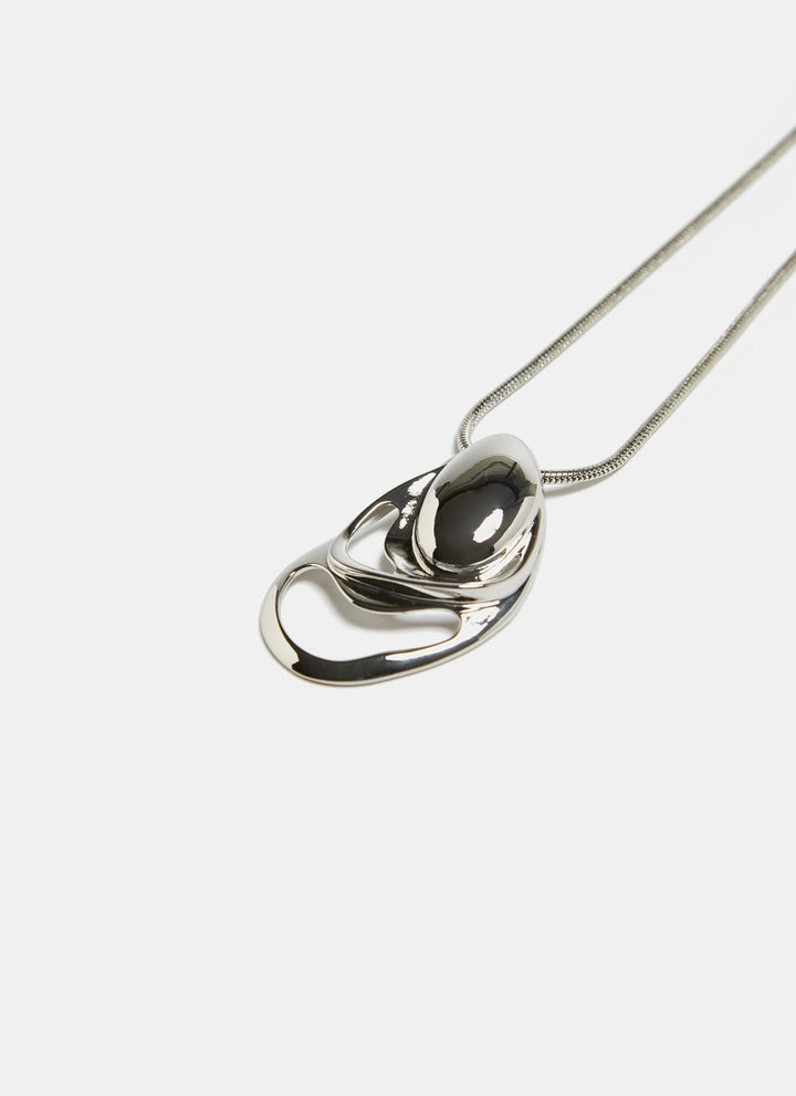 Women Necklace | Silver Color Long Necklace With Oval-Shaped Pendant by Spanish designer Adolfo Dominguez