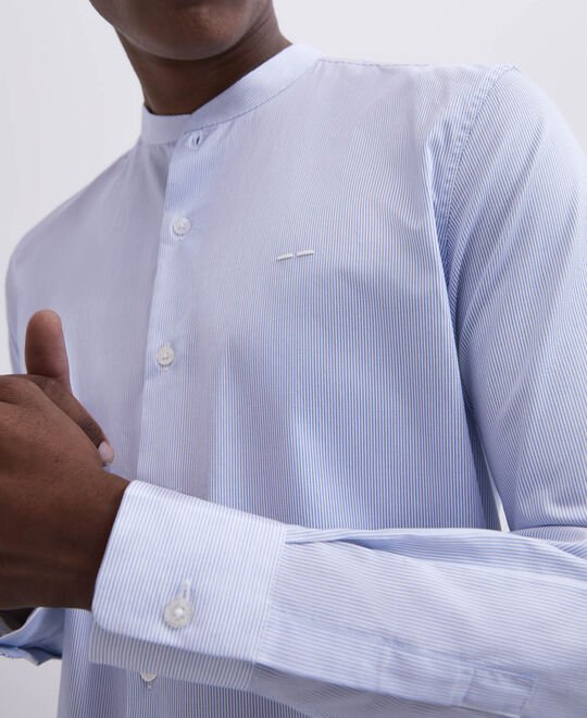 Men Shirt | Sky Blue Mandarin Collar Microstripe Cotton Shirt by Spanish designer Adolfo Dominguez