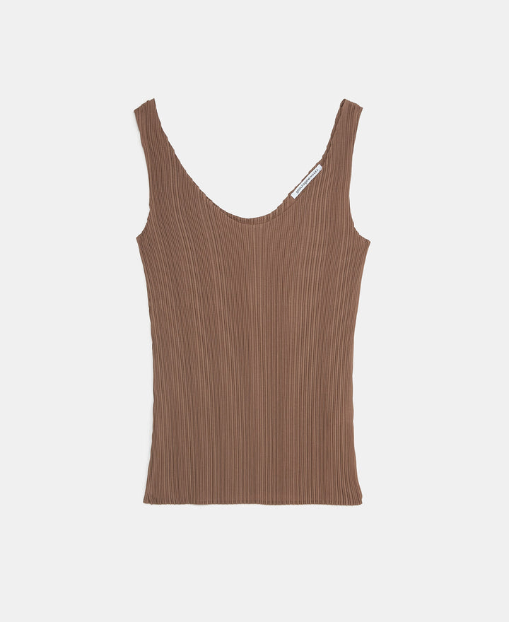 Women Top | Taupe Crinkle Tank Top by Spanish designer Adolfo Dominguez