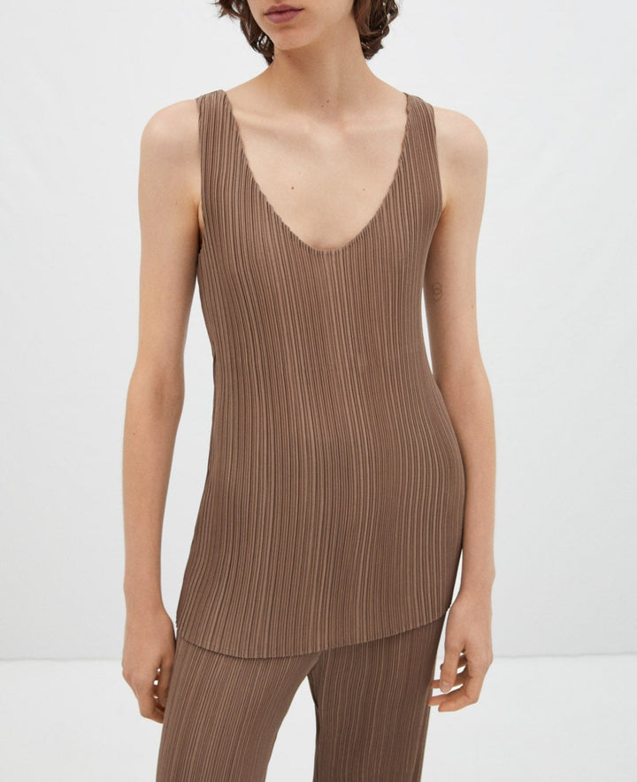 Women Top | Taupe Crinkle Tank Top by Spanish designer Adolfo Dominguez