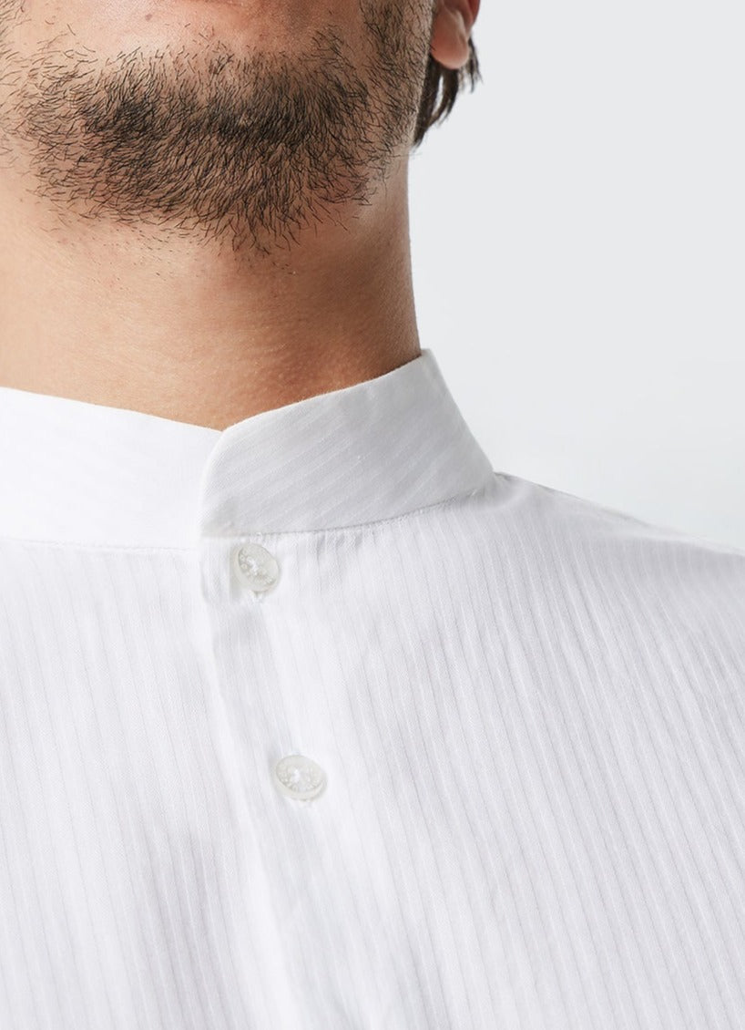 Men Shirt | White Jacquard Mandarin Collar Shirt by Spanish designer Adolfo Dominguez