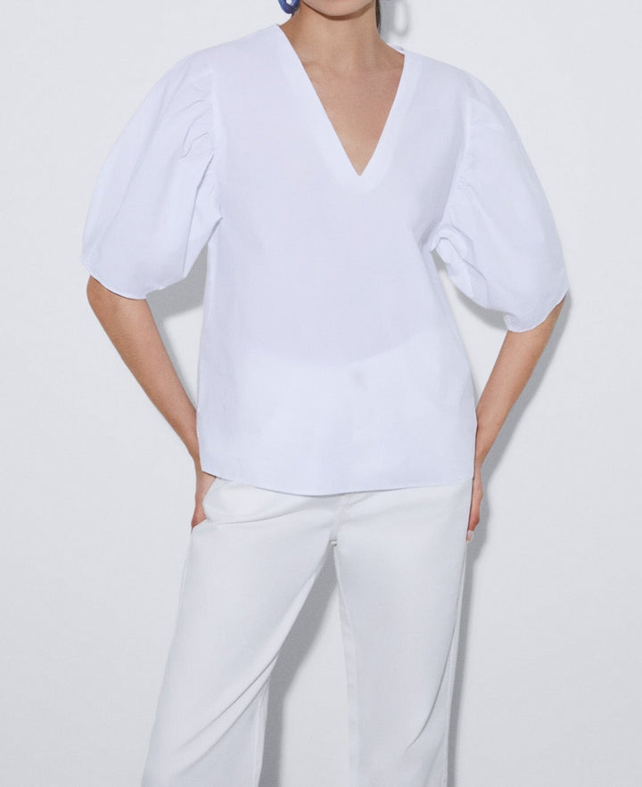 Women Short Sleeved Shirt | White Puffed Sleeve Blouse In Cotton by Spanish designer Adolfo Dominguez