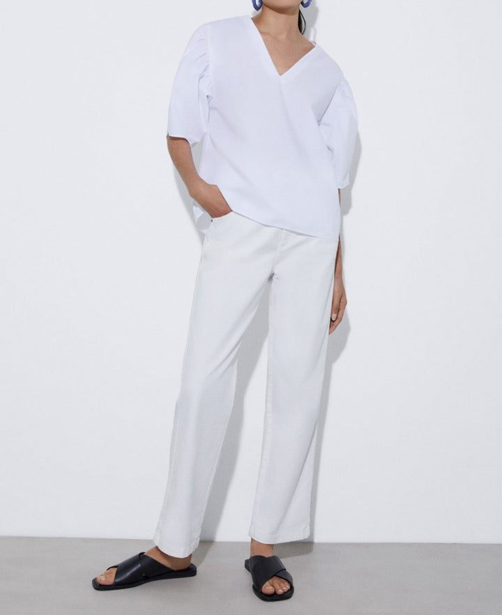 Women Short Sleeved Shirt | White Puffed Sleeve Blouse In Cotton by Spanish designer Adolfo Dominguez