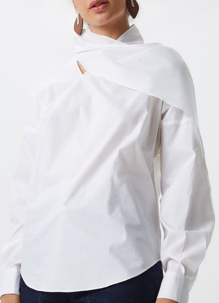 Women Long-Sleeve Shirt | White Shirt With Wrapping Neckline by Spanish designer Adolfo Dominguez