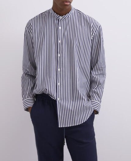 Men Shirt | White/Blue Stripe Mandarin Collar Sailor Stripe Shirt by Spanish designer Adolfo Dominguez