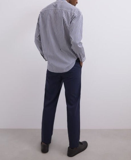 Men Shirt | White/Blue Stripe Mandarin Collar Sailor Stripe Shirt by Spanish designer Adolfo Dominguez