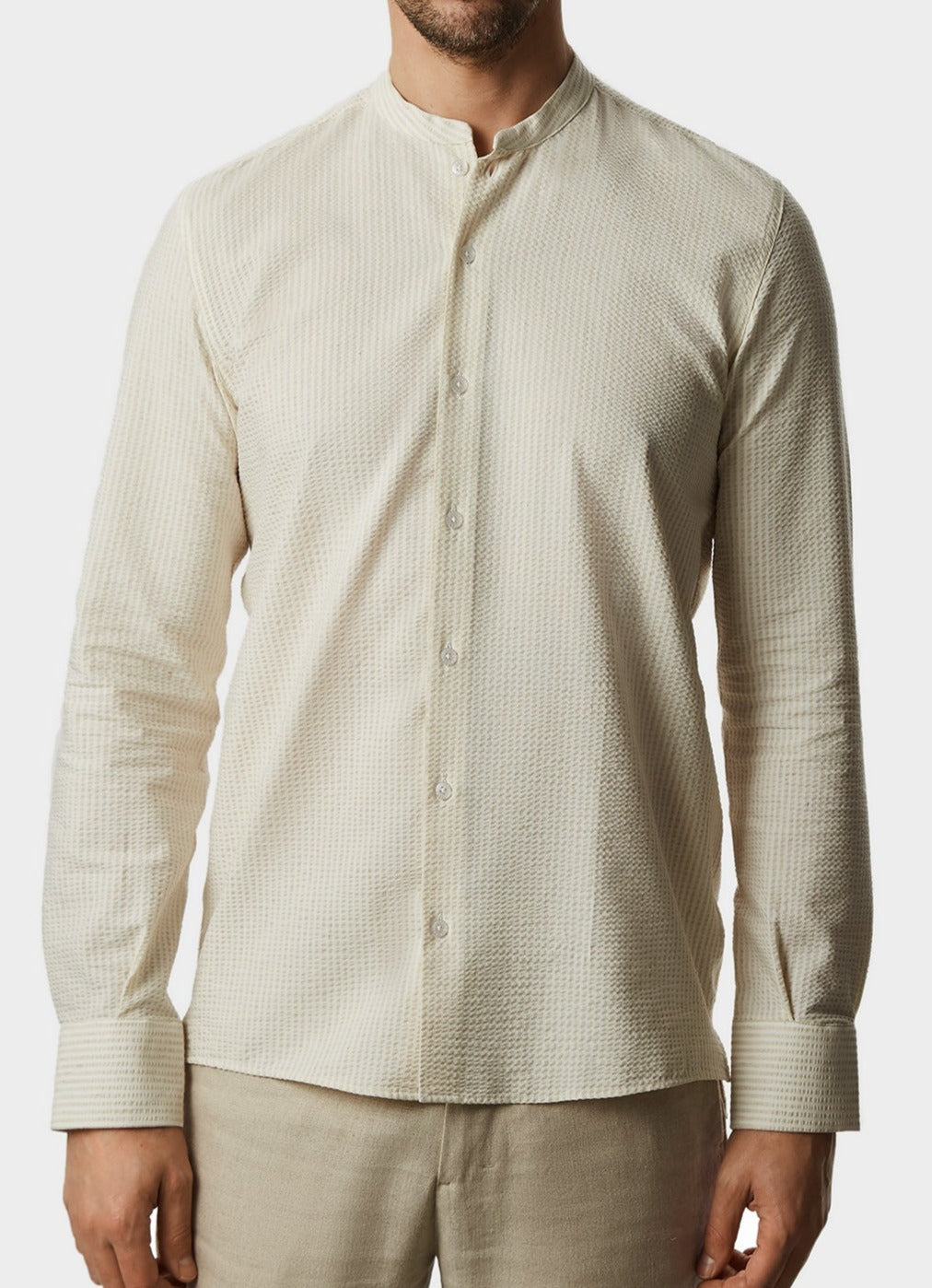 Men Shirt | White/Sand Elastic Seersucker Mandarin Collar Shirt by Spanish designer Adolfo Dominguez